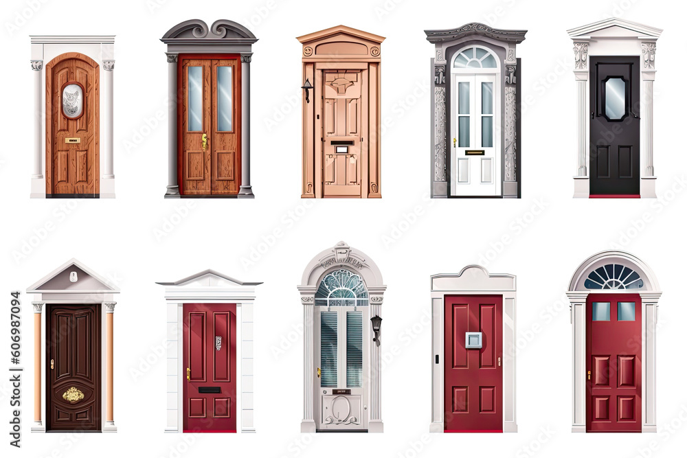 Different entrance door types collection photo realistic. Transparent