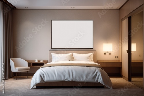 Hotel room with a framed picture mockup hangs directly on the wall Generative AI © zakiroff