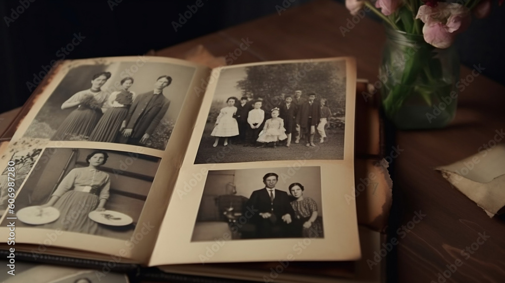 Family tree concept, dna, genes, ancestors. An album with old photographs lies on the table, top view, AI generated Generative AI Family tree concept, dna, genes, ancestors. An album with old photographs lies on the table, top view, AI generated Generative AI