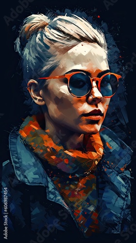 Beautiful girl in sunglasses  in the style of severe work with a palette knife  orange and indigo  precision art created with Generative AI technology