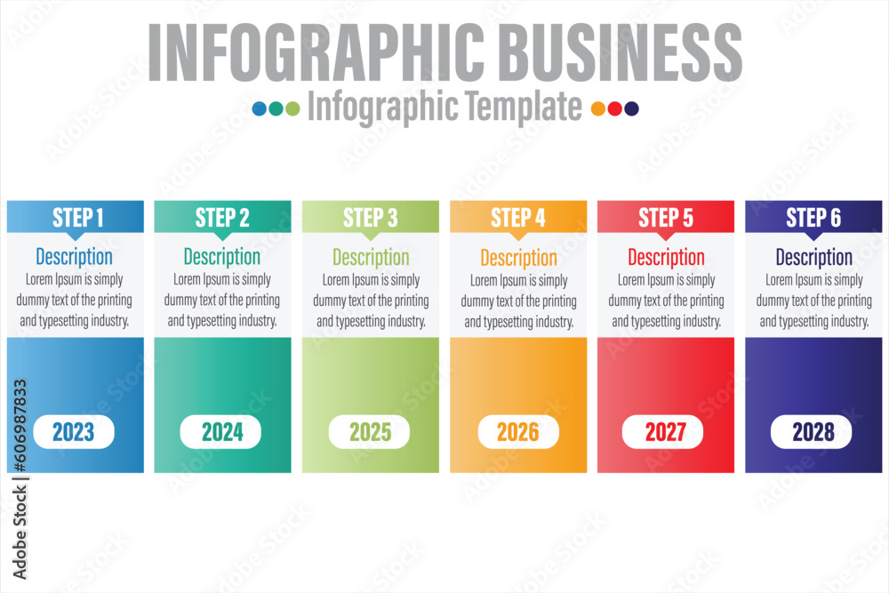 Concept of process with Six 6 successive steps. Six colorful graphic elements. Timeline design for brochure, presentation, web site. Infographic design layout