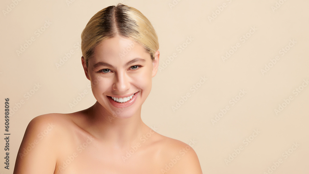Beautiful smile of young woman with healthy white teeth on beige background, Dental care. Dentistry concept. Beautiful smile of young woman with healthy white teeth on beige background, Dental care. Dentistry concept.