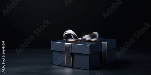 Elegant gift box on a dark blue background, copy space. Background for greeting card for Birthday, Fathers Day, Anniversary,, Christmas. Generative ai illustration