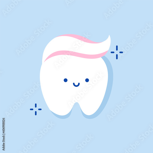 Cute happy smiling tooth with toothpaste hairstyle. Clear tooth concept. Brushing teeth. Dental kids care. Flat illustration on the theme of dentistry. Isolated vector.