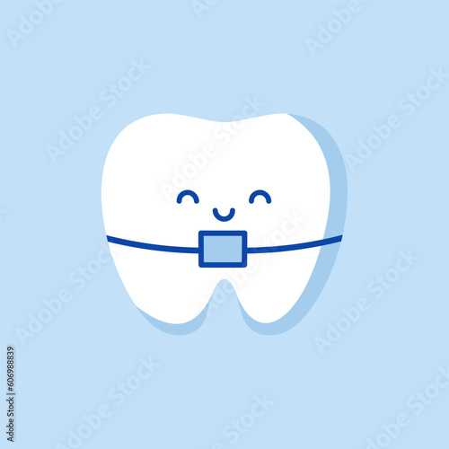 Tooth in braces dental icon isolated on blue background.Dental icon. Web pictogram for dentistry. Stomatology concept, logo or illustration. White teeth with metal brackets.