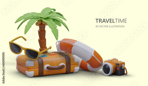 Lets pack things for vacation. Colorful banner with cute 3D illustration in cartoon style. Modern poster for web design. Vacations at resorts under palm trees