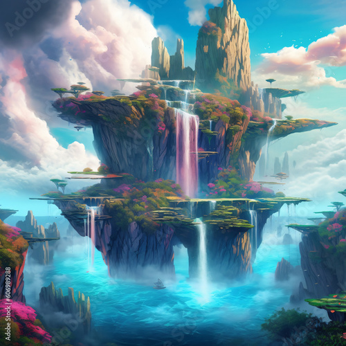 A surreal landscape of floating islands, cascading waterfalls merging into an azure sea beneath an iridescent sky © Lukas