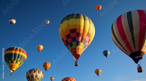 Colorful hot air balloons against a clear, blue sky