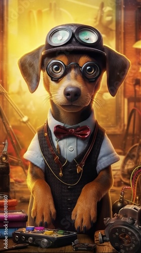 Illustration of a dog wearing goggles and a bow tie, ready for adventure created with Generative AI technology © AI Visual Vault