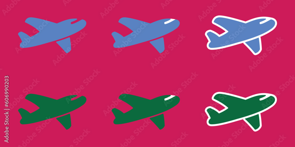 Airplane. Sticker or icon. Simple vector illustration. Blue and green colors. With and without white outline. Web interface icon. Airplane. Sticker or icon. Simple vector illustration. Blue and green colors. With and without white outline. Web interface icon.