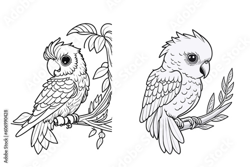 鳥（オウム）のモノクロ線画セット