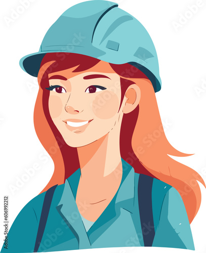 Cute young constructor woman in hard hat and uniform. Vector illustrations