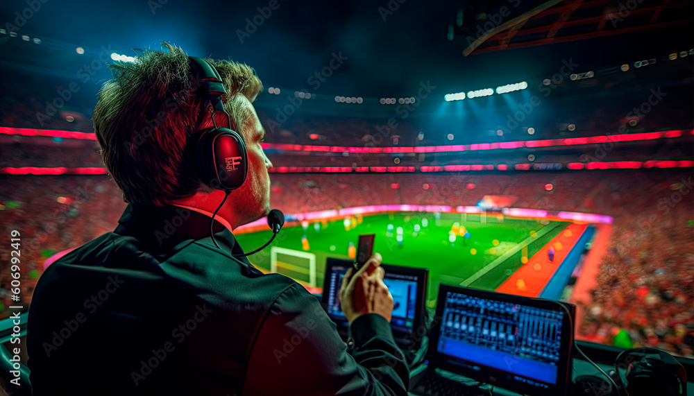 Football commentator of the final football match of the World Cup. Generative AI - obrazy, fototapety, plakaty 