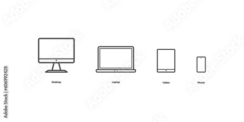 Computer monitor, smartphone, laptop and tablet digital device icon set .