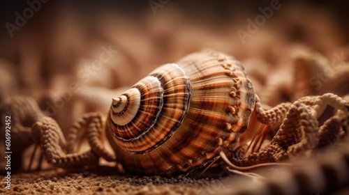 close-up of a seashell lying on a sandy beach. Generative AI