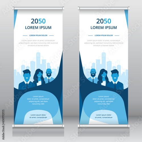 Professional roll up banner or retractable banner template with office people and cityscape artwork, Vertical signboard template, Trade show banner, Standee template, X-banner template, Flag banner
