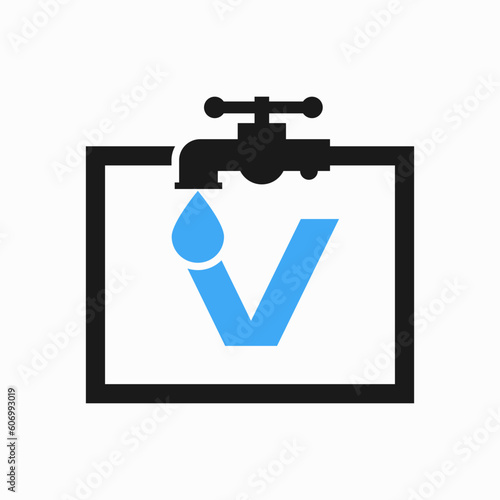 Letter V Plumber Logo Design. Plumbing Water Logo Template