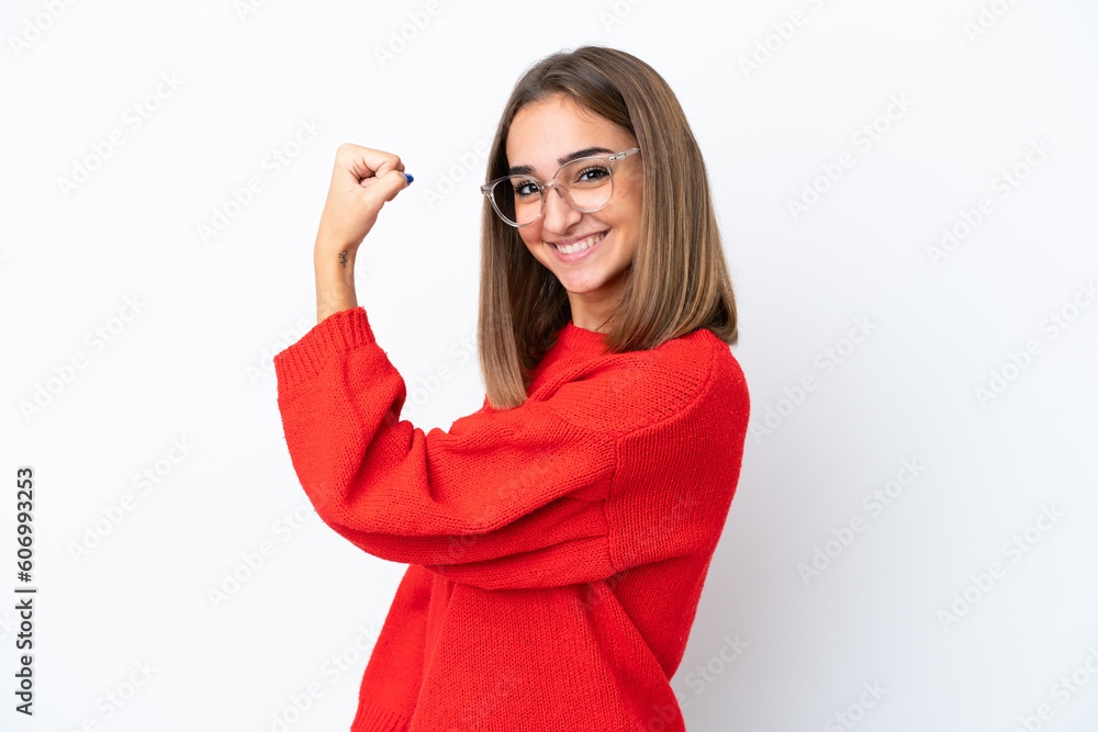 Young caucasian woman isolated on white background With glasses and celebrating a victory Young caucasian woman isolated on white background With glasses and celebrating a victory