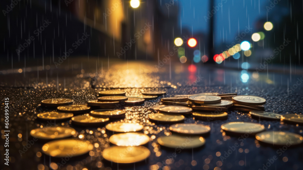 Currencies in the Rain: Euro Coins Glittering on Rain-Soaked Asphalt at Night. Generative AI Currencies in the Rain: Euro Coins Glittering on Rain-Soaked Asphalt at Night. Generative AI