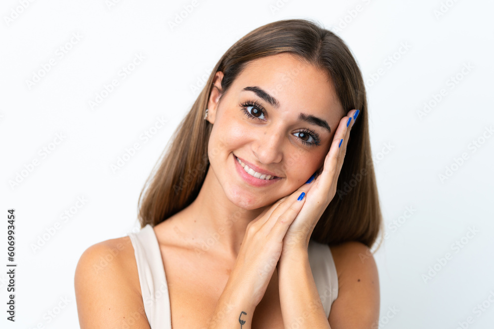 Young pretty brunette woman isolated on white background Young pretty brunette woman isolated on white background