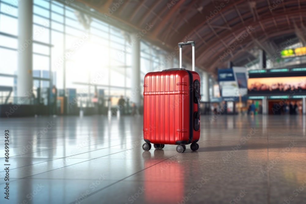 Red suitcase in airport terminal. Travel concept. 3D Rendering, generative Ai