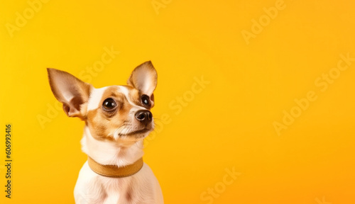 Portrait of a dog on a yellow background copy space postcard place for your text. Generative AI