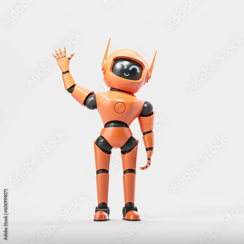 Friendly orange and black AI robot waving hand