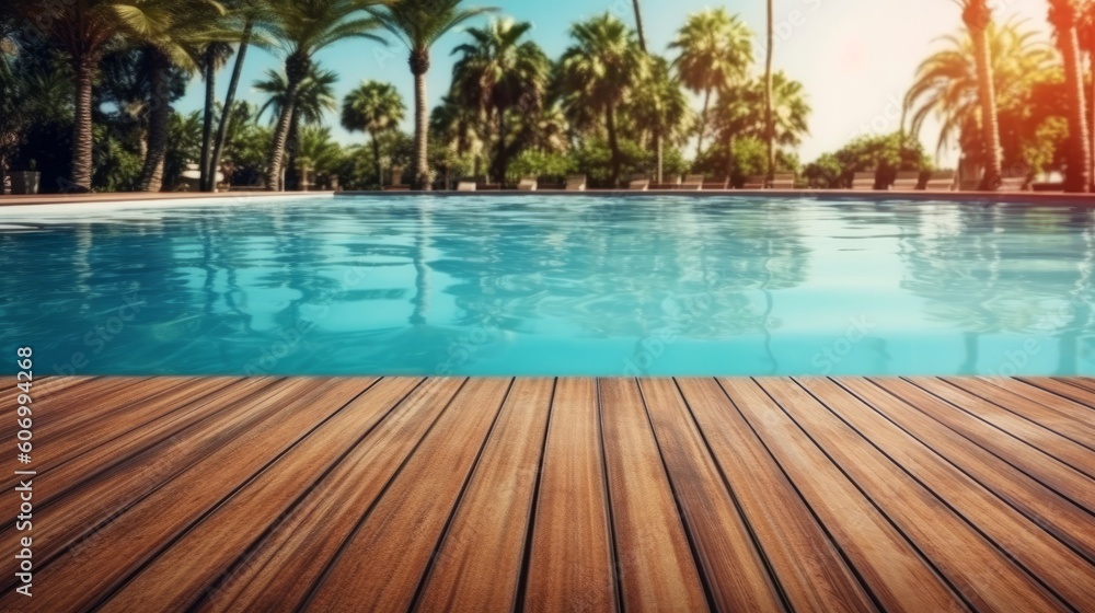 Swimming pool with palm trees and wooden floor. Summer background, generative Ai