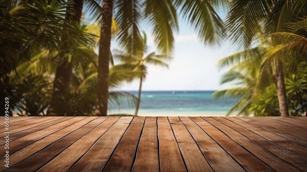 Wooden floor with palm trees and sea background. Selective focus, generative Ai
