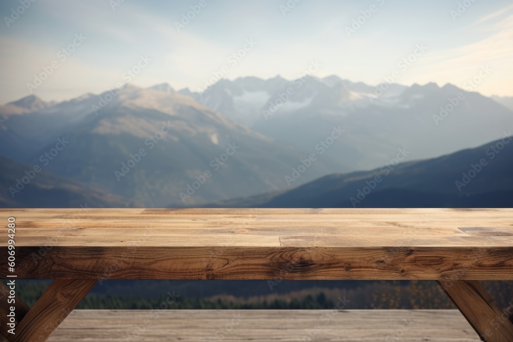Wooden table in front of mountain background. Ready for product display montage, generative Ai