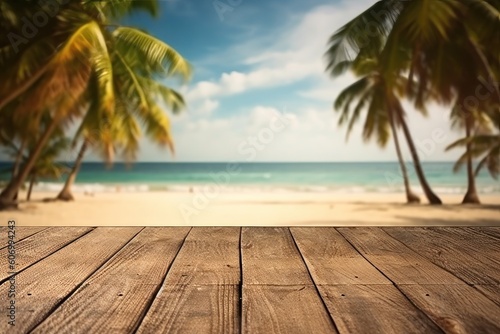 Wooden table and coconut trees on the beach. Blur background, generative Ai © Angus.YW