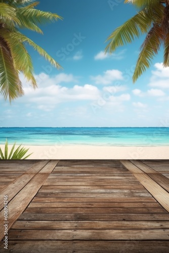 Wooden deck on tropical beach with palm trees and blue sky background, generative Ai