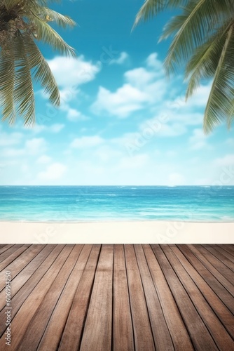 Wooden floor and coconut palm tree on the beach with sky background, generative Ai