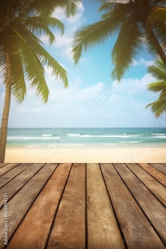 Wooden floor against view of the beach with palm trees and sea, generative Ai