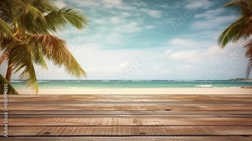 Wooden floor on tropical beach with palm tree and blue sky background  generative Ai