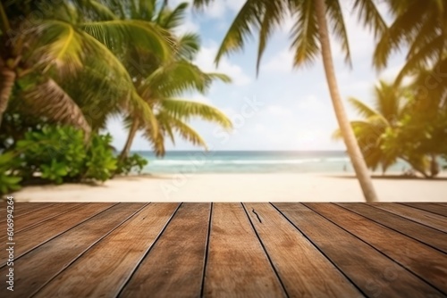 Wood table top on blurred tropical beach background  display or montage your products  generative Ai