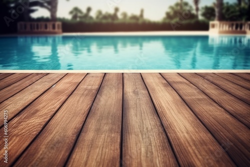 Swimming Pool And Wood Floor For Your Background. Toned, generative Ai