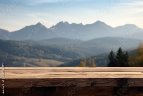 Wooden table in front of blurred mountains background. For product display, generative Ai © Angus.YW