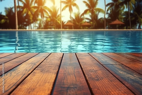 Wooden floor in swimming pool with palm trees and sun light background, generative Ai