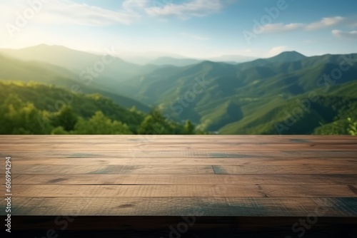 Wooden table top on blurred background of mountains landscape. For product display, generative Ai © Angus.YW