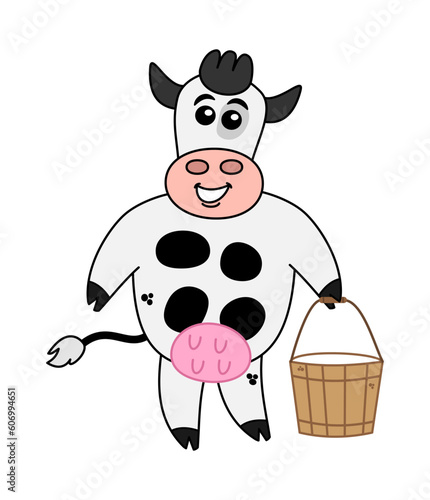 Smiling dairy cow with bucket full of fresh milk on white background - vector