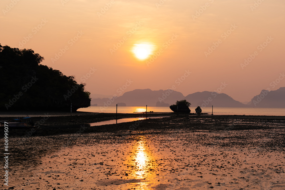 Lanscape of Beach and Sea and Golden Sky at Sunrise