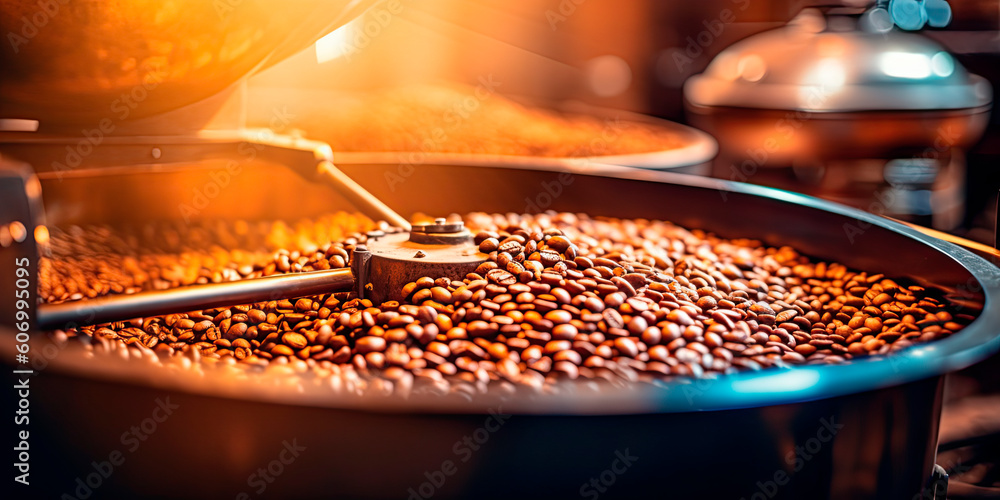 Freshly roasted coffee beans from a large roaster in the cooling cylinder. Generative AI Freshly roasted coffee beans from a large roaster in the cooling cylinder. Generative AI