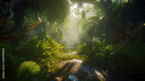 Sunlit Serenity in the Misty Tropical Jungle  made with Generative AI