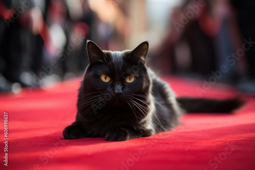 Cat on red carpet. Generate Ai