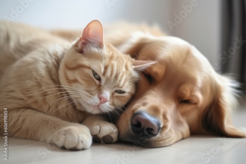 Cat dog together cozy sleep. Generate Ai