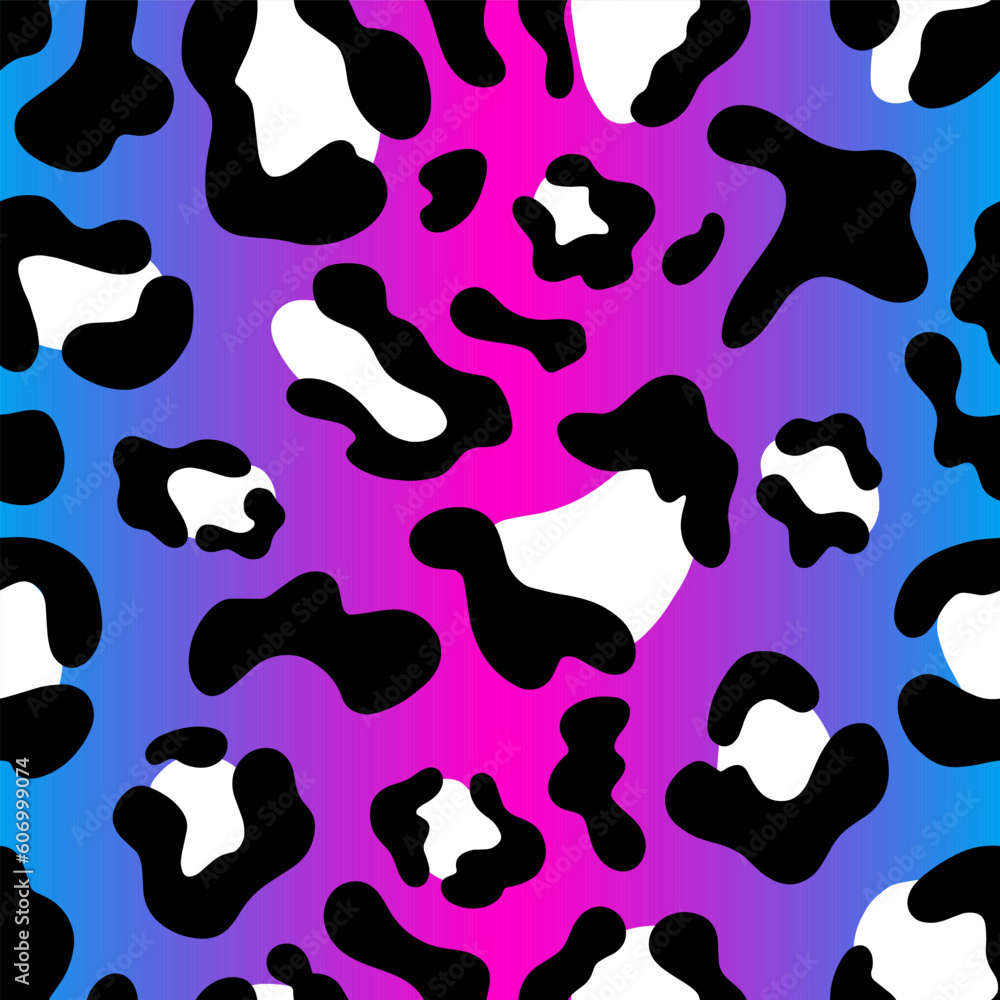 Multicolored Leopard Seamless Pattern. Pink and blue background, black and white spots. Square print