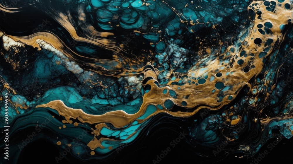 Abstract black and gold painting with gold overlays. Generative AI