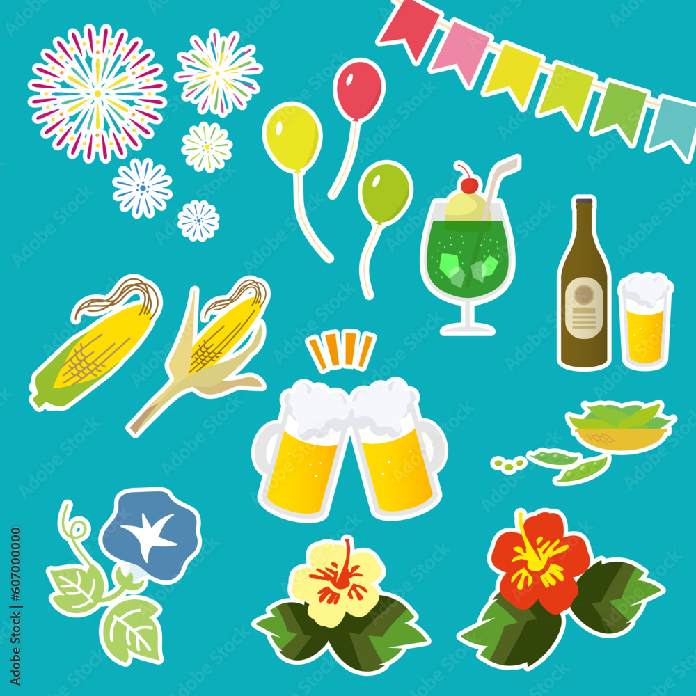 夏素材のフラットイラストセット_白フチシール風 夏素材のフラットイラストセット_白フチシール風