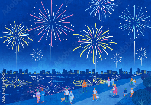 水辺で花火を見る人々の夏祭りのベクターイラスト背景